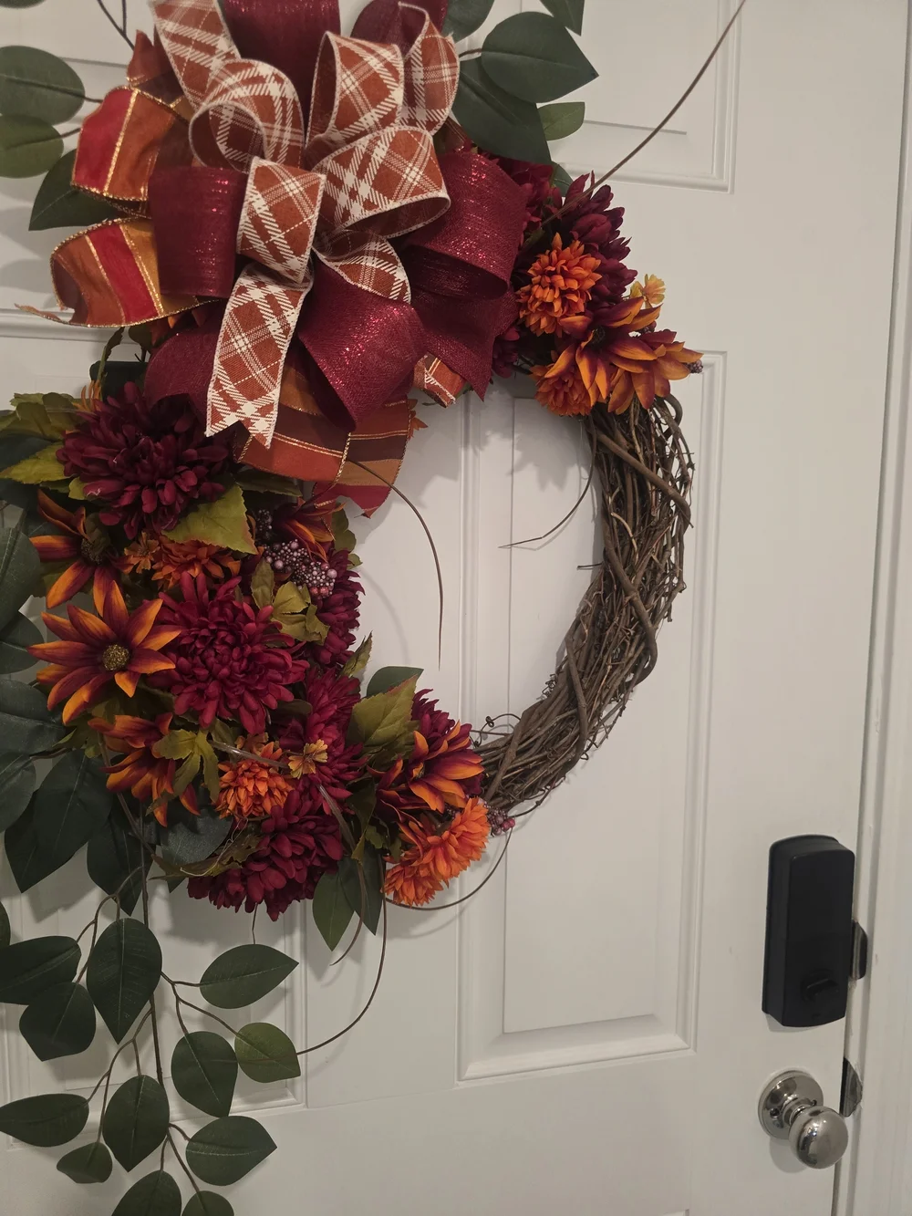Autumn Grapevine Wreath with Burgundy & Orange Bow Fall Handmade